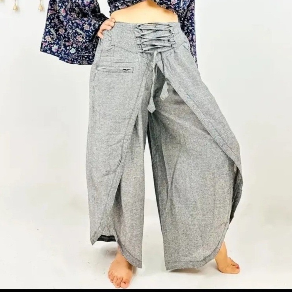 Karma Nepal Craft Grey 100% Cotton Double Layer Palazzo Pants Lace‎ Up Front L